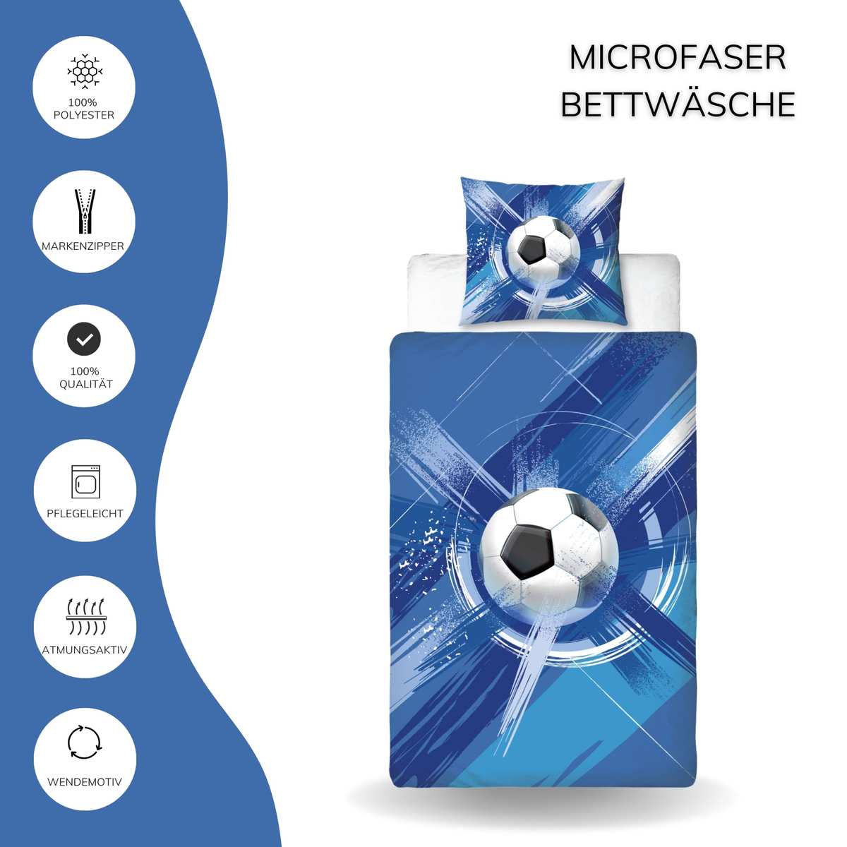 termana Fußball Bettwäsche 135x200 80x80 blau Microfaser angenehm & weich