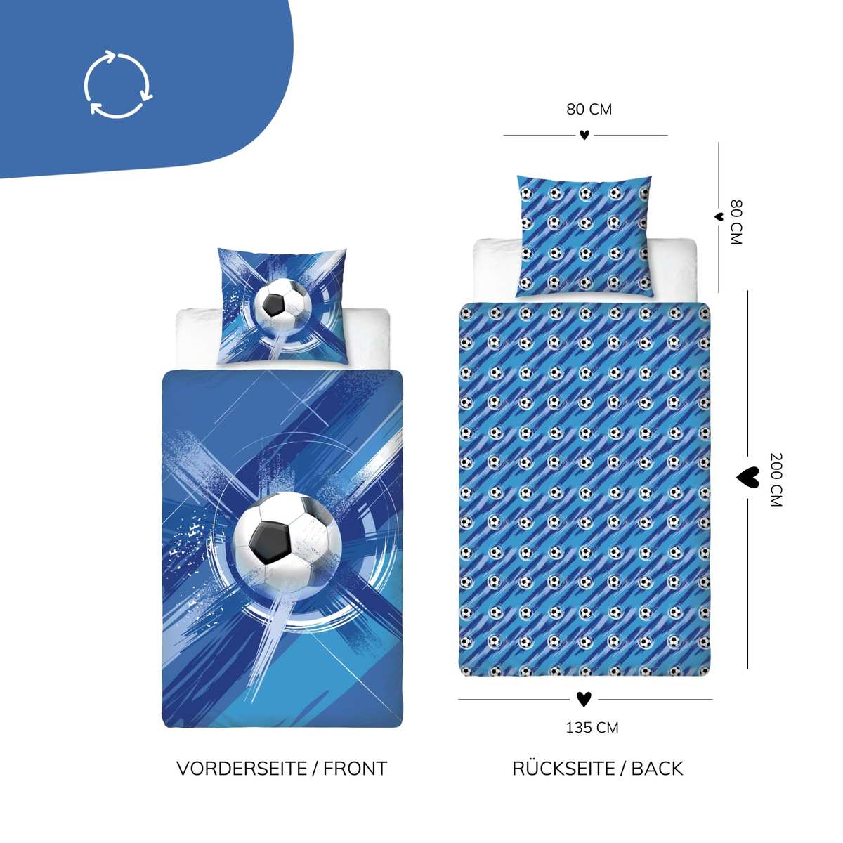 termana Fußball Bettwäsche 135x200 80x80 blau Microfaser angenehm & weich