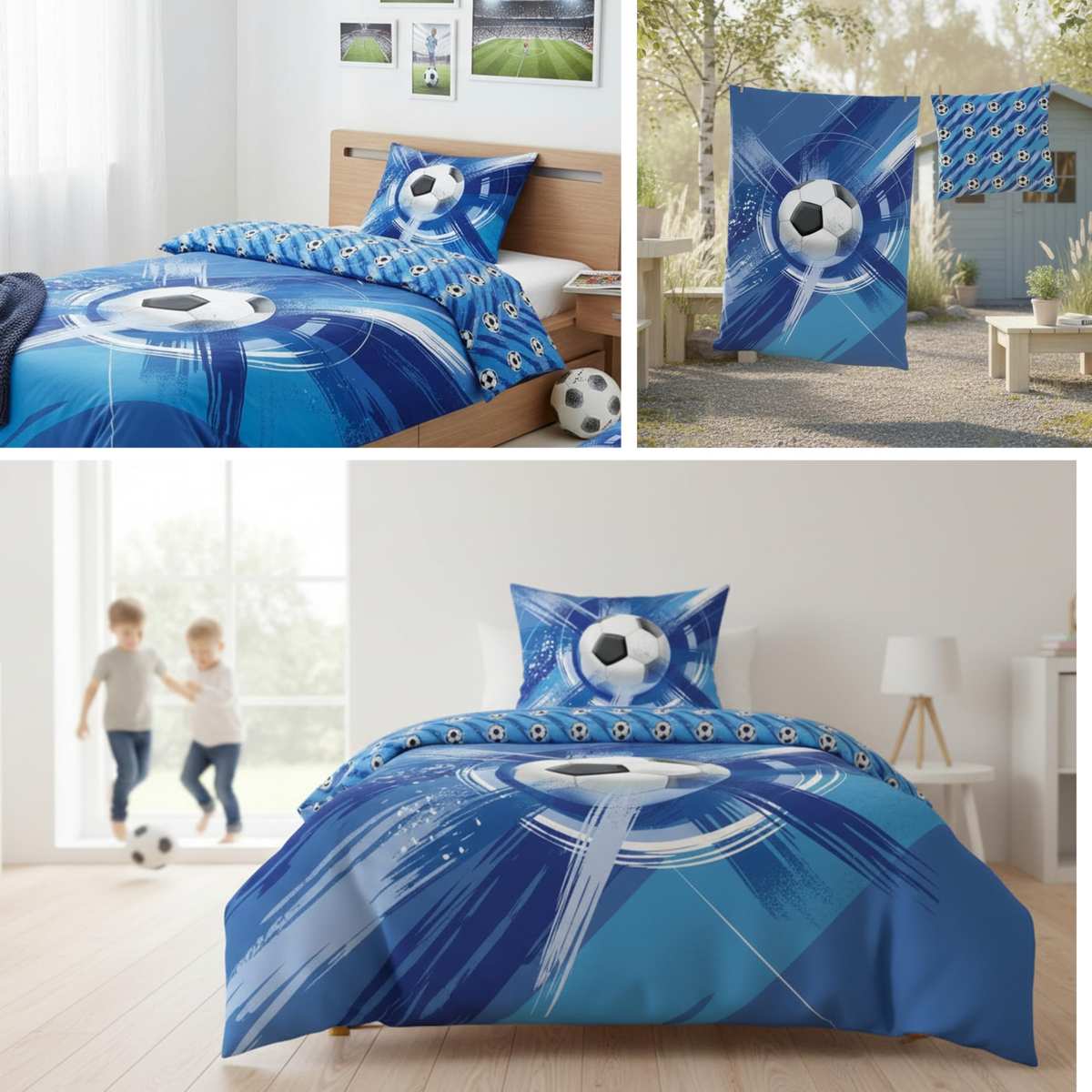 termana Fußball Bettwäsche 135x200 80x80 blau Microfaser angenehm & weich