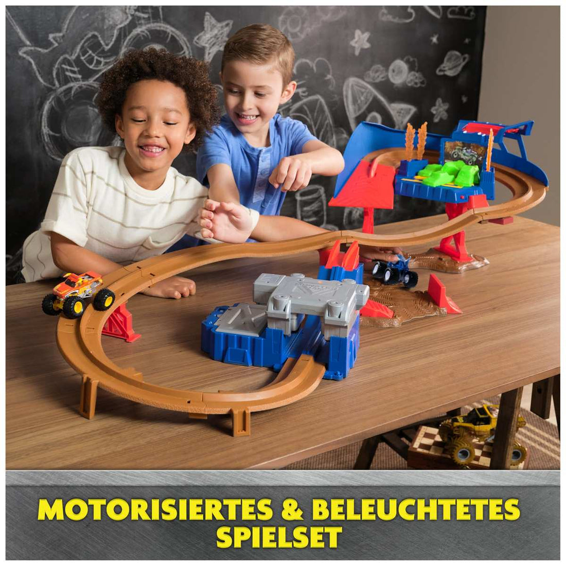 Monster Jam Supercharge Speedway Spielset mit den Trucks Megalodon und EL Toro Loco 1:64 Stunt-Strecke Zubehör 3+